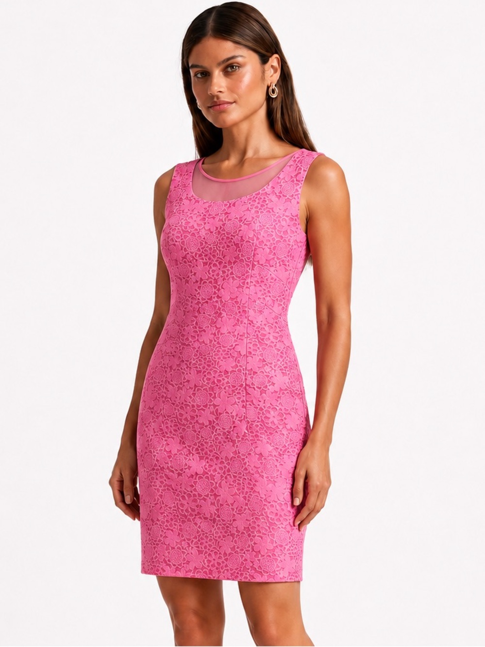 Leggiadro Pink Textured Floral Sheath Dress Sheer Mesh Italy Size 4